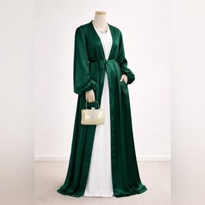 Dark Green Satin Abaya Dress Long Lantern Sleeve Maxi Muslim Prayer Gown
